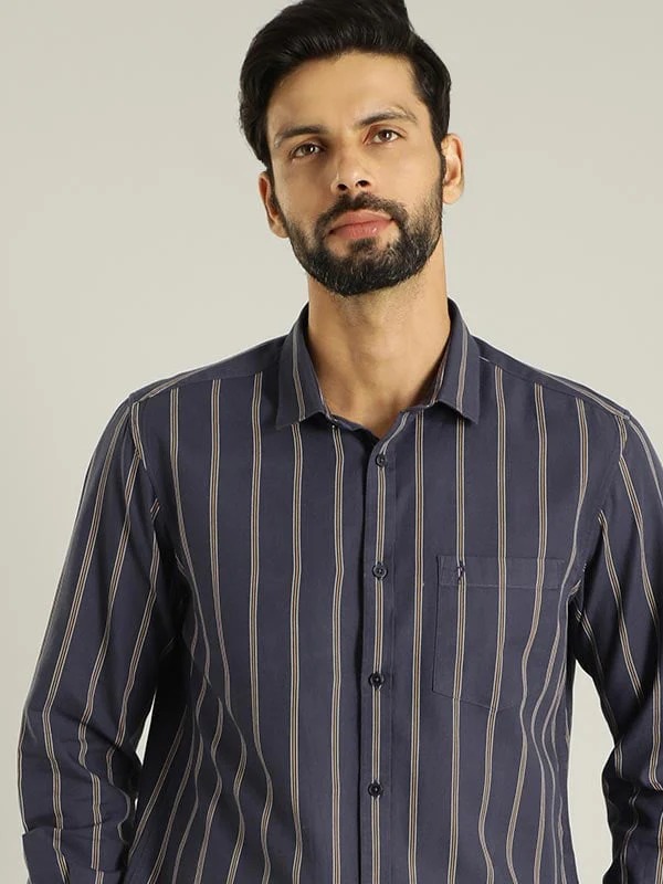 Indian Terrain Men's Slim Fit Full Sleeve Striped Blue Shirt